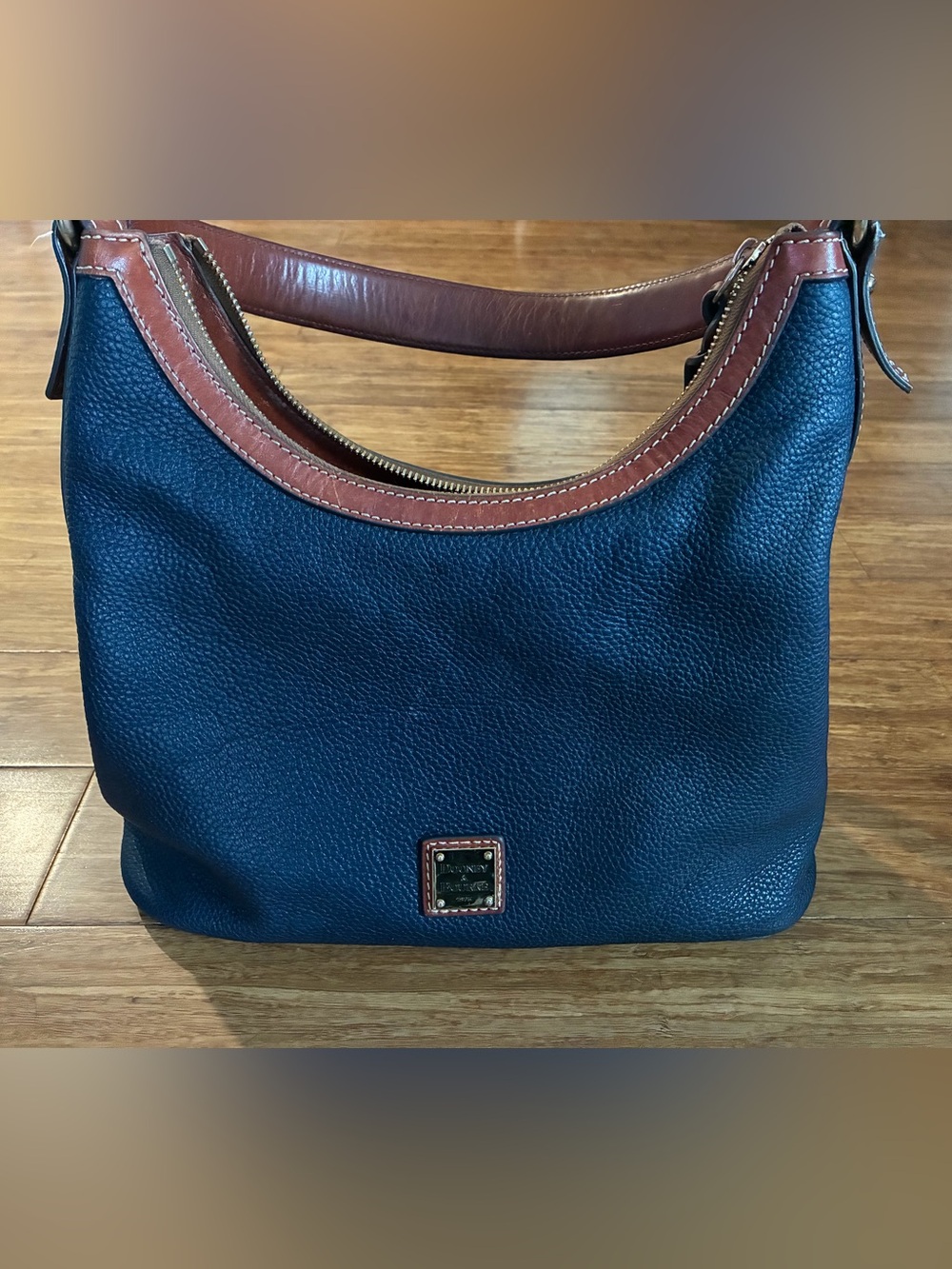 Dooney & Bourke Navy Pebbled Leather Hobo with Brown Trim